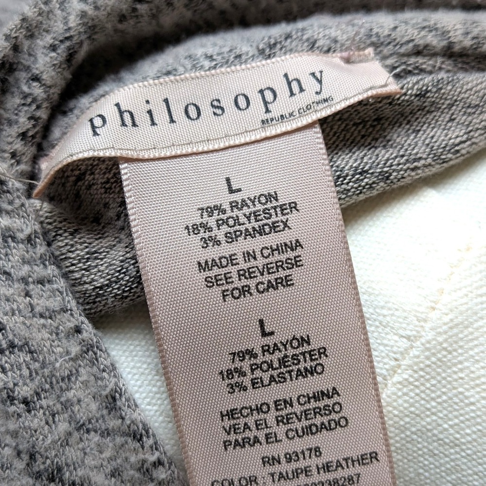 Philosophy Heather Taupe Open Front Cardigan Minimalist Cozy Casual Layer (Sz L) - Picture 10 of 10
